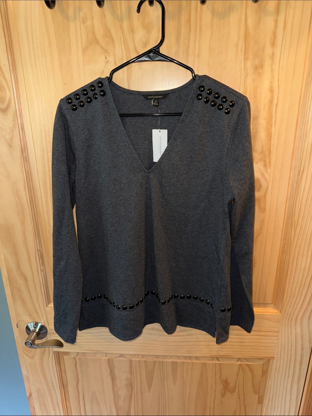 Banana Republic Dark Gray V-Neck Long Sleeve Top with Stud Embellishments
